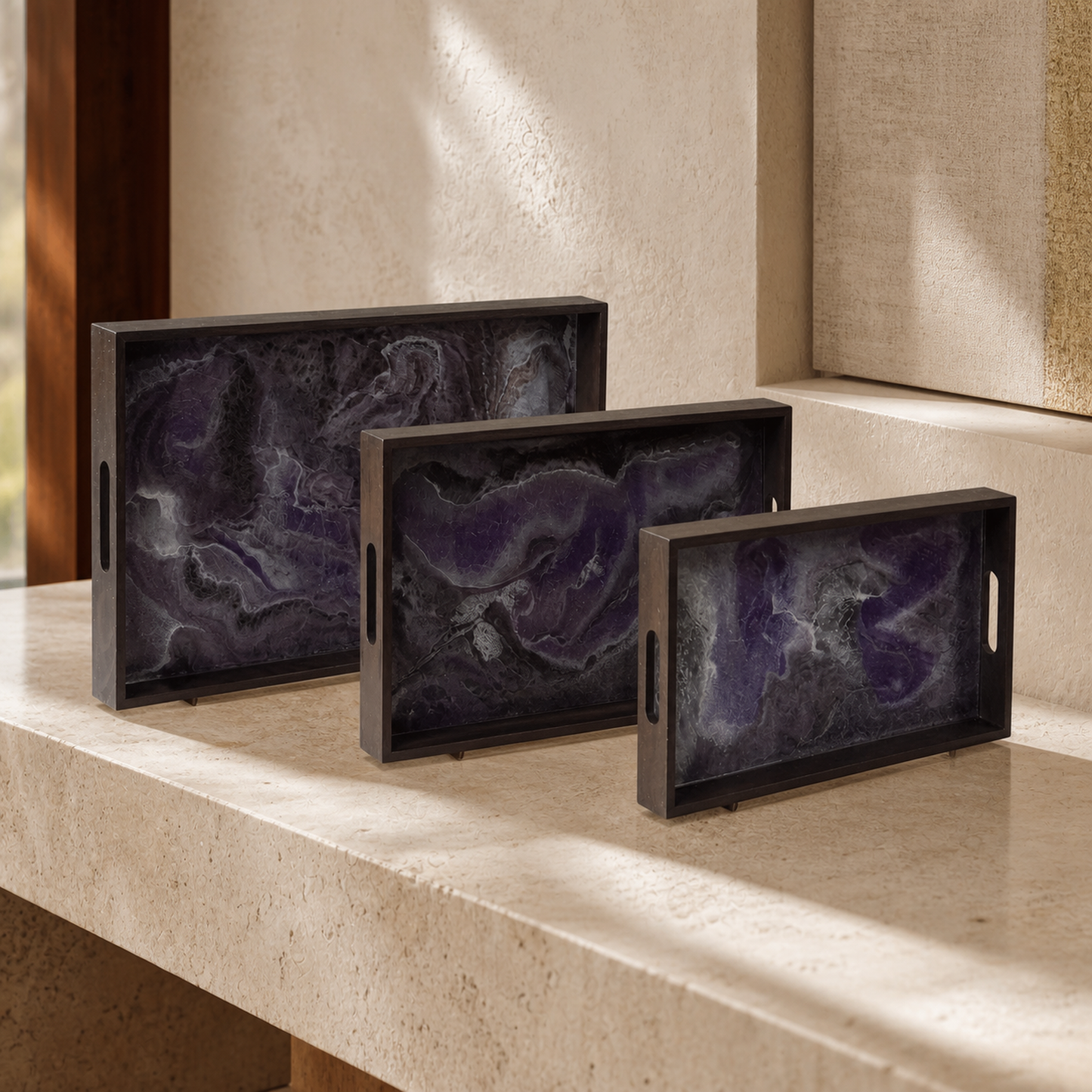 Purple and Brown wooden tray handmade epoxy resin geode design, 3 sizes