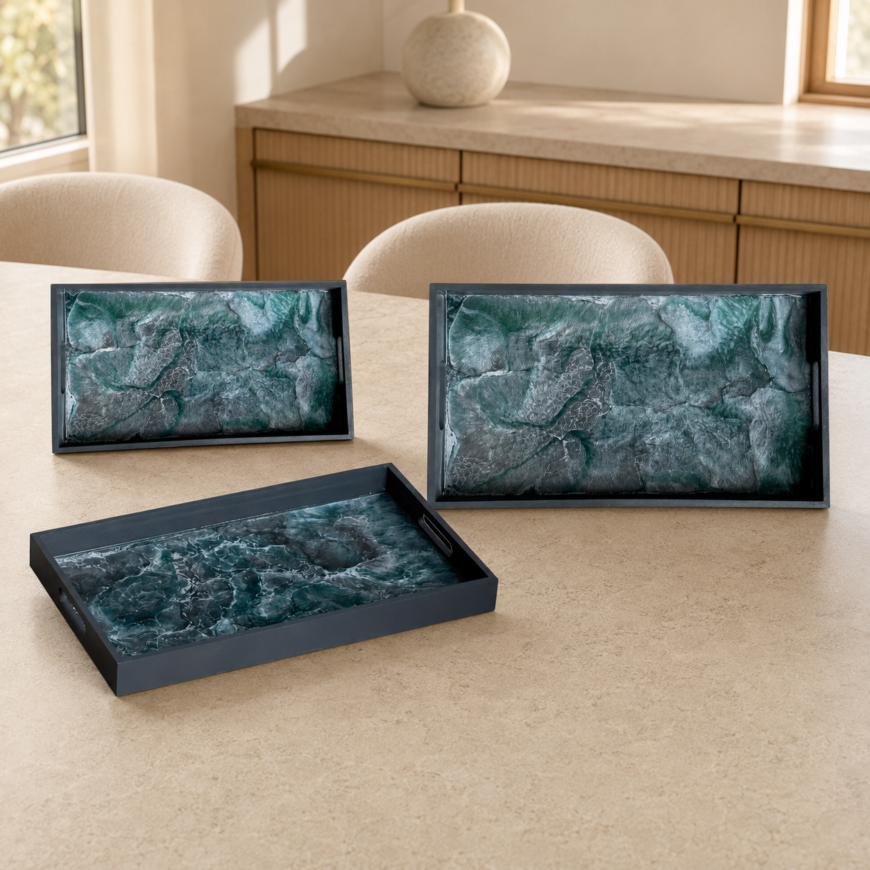 Teal and Silver wooden tray handmade epoxy resin geode design, 3 sizes