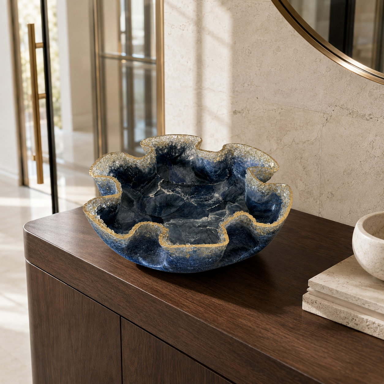 XLarge Blue bowl with Glass edge, 18x6" geode design epoxy resin