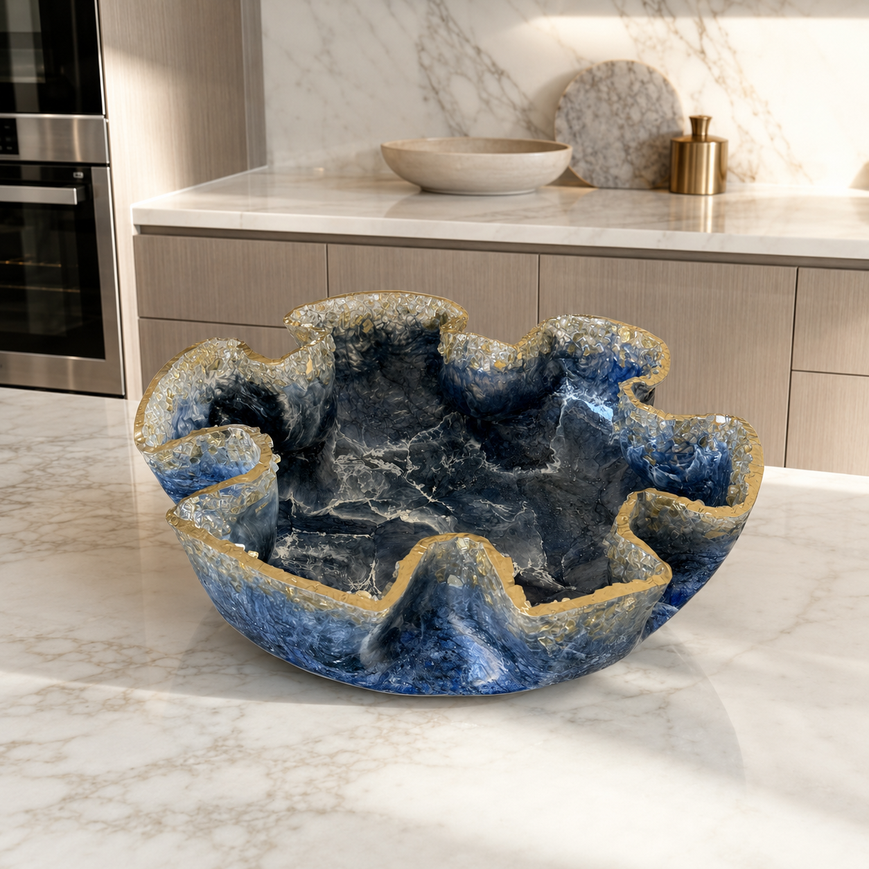 XLarge Blue bowl with Glass edge, 18x6" geode design epoxy resin