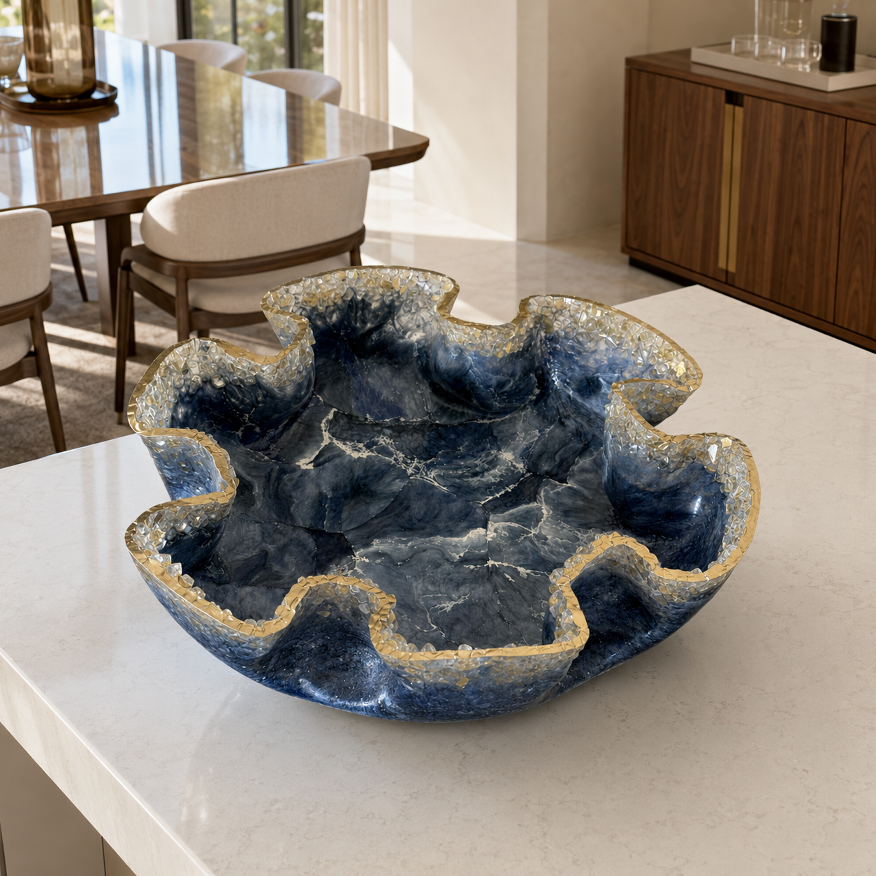 XLarge Blue bowl with Glass edge, 18x6" geode design epoxy resin