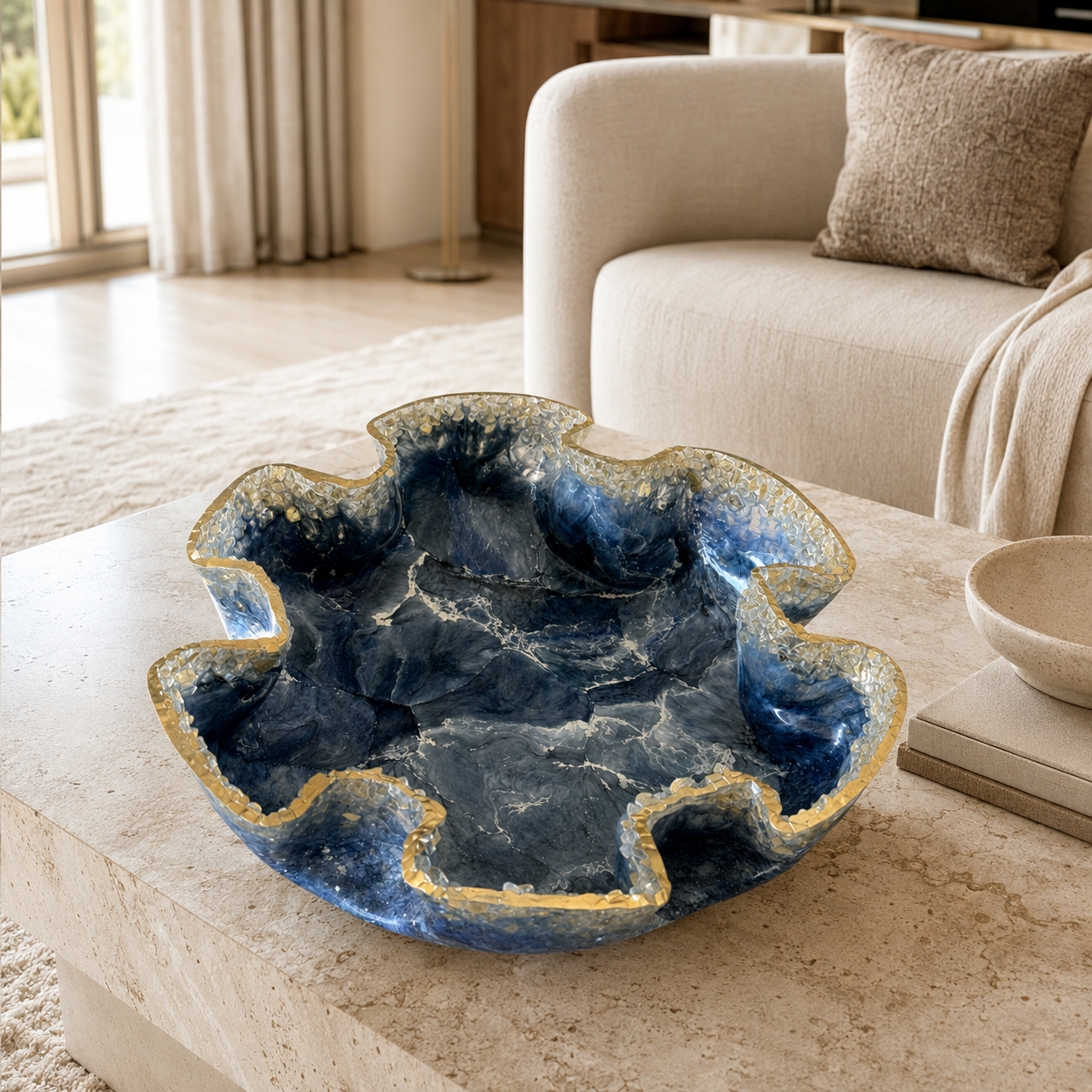 XLarge Blue bowl with Glass edge, 18x6" geode design epoxy resin