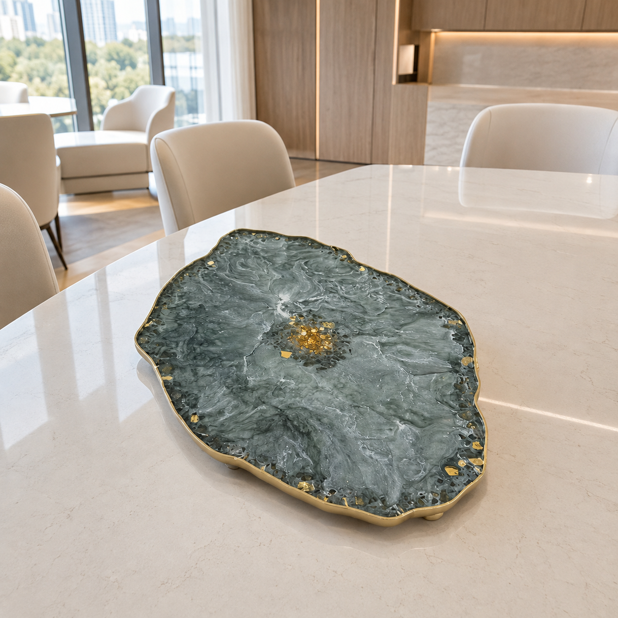 Green XL 20x13" Geode design Epoxy Resin Serving Tray, with Glass Rocks, Custom Color Decorative Tray, Optional Legs, 20 x 13 Inch (Copy)
