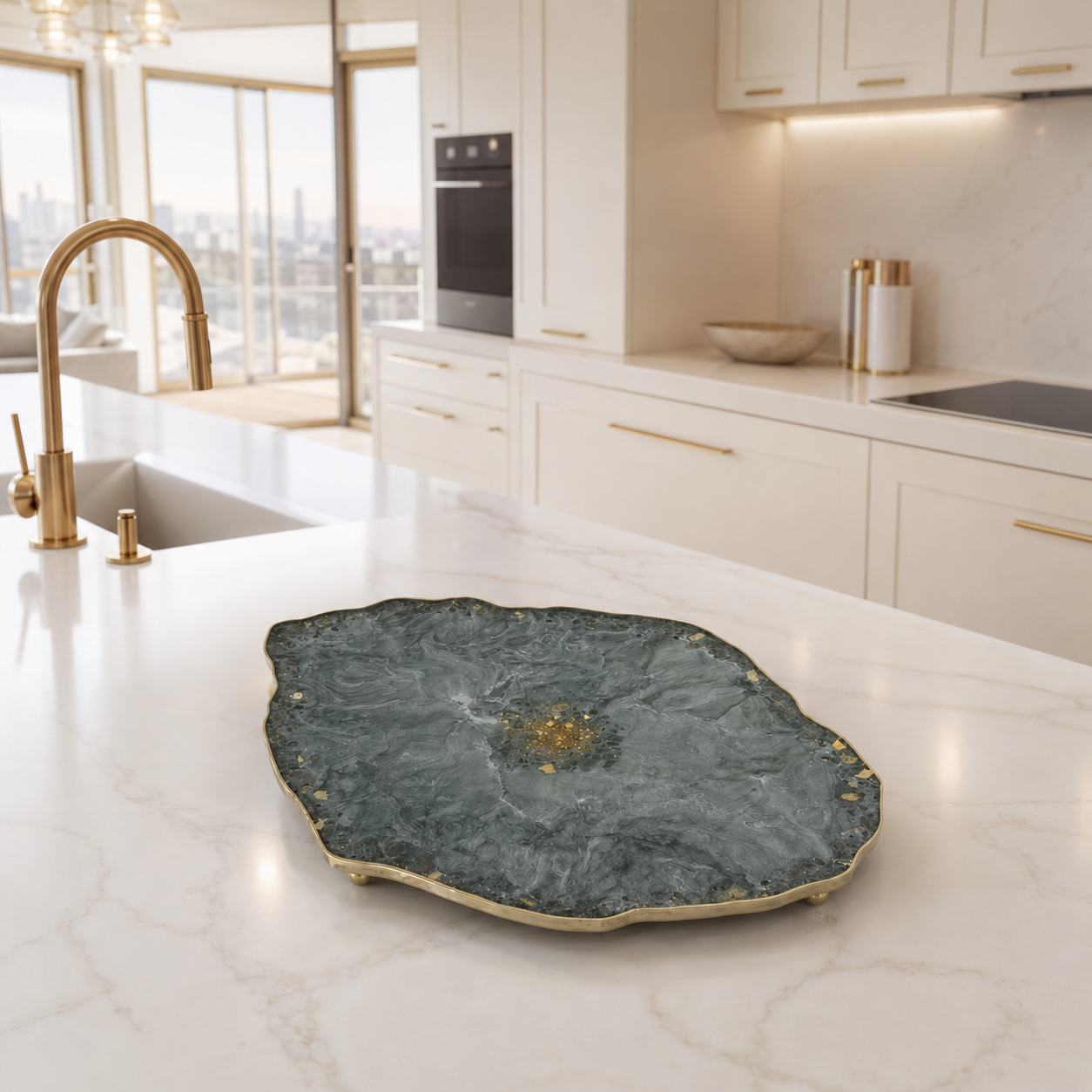 Green XL 20x13" Geode design Epoxy Resin Serving Tray, with Glass Rocks, Custom Color Decorative Tray, Optional Legs, 20 x 13 Inch (Copy)