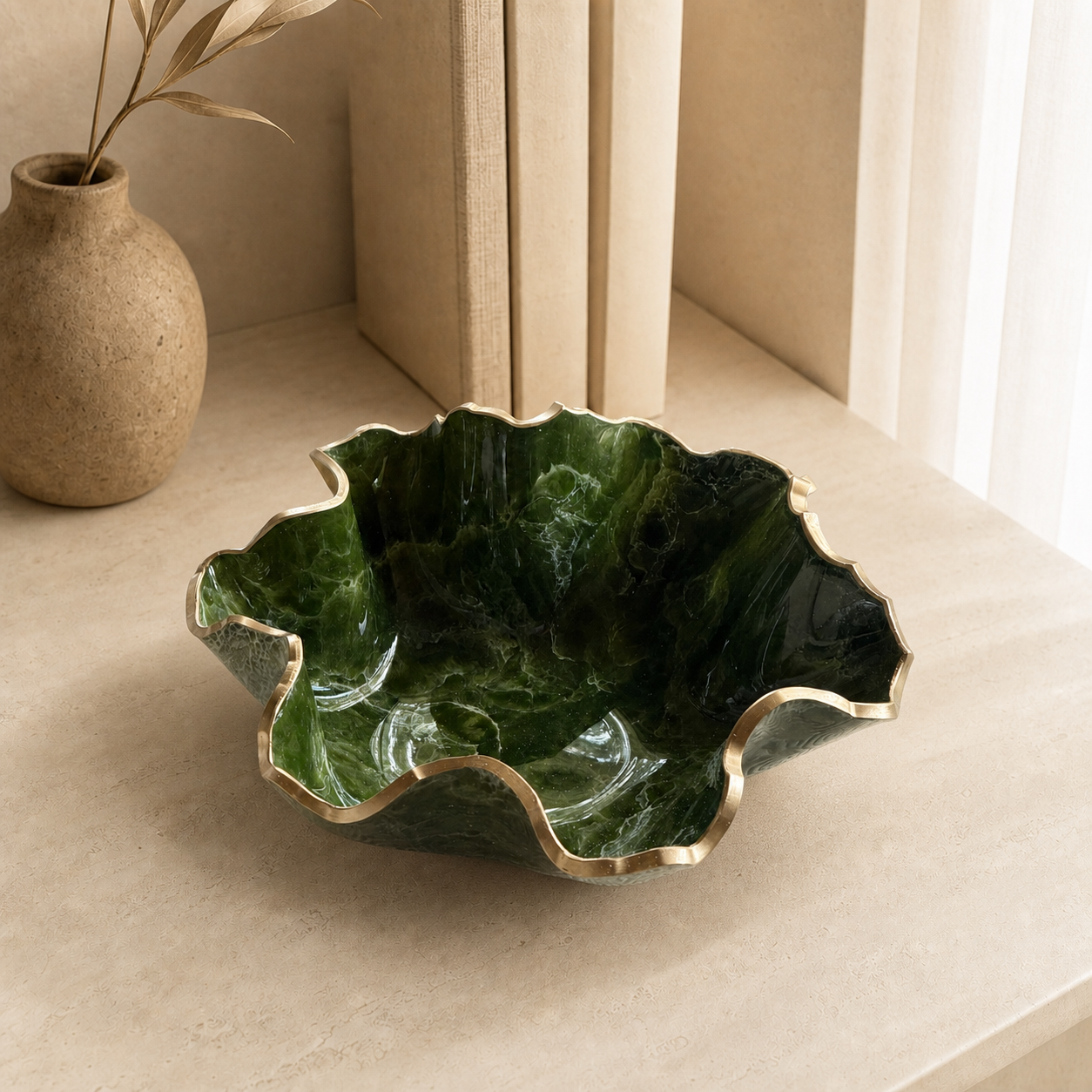 Medium Olive green bowl, 11x3" geode design epoxy resin