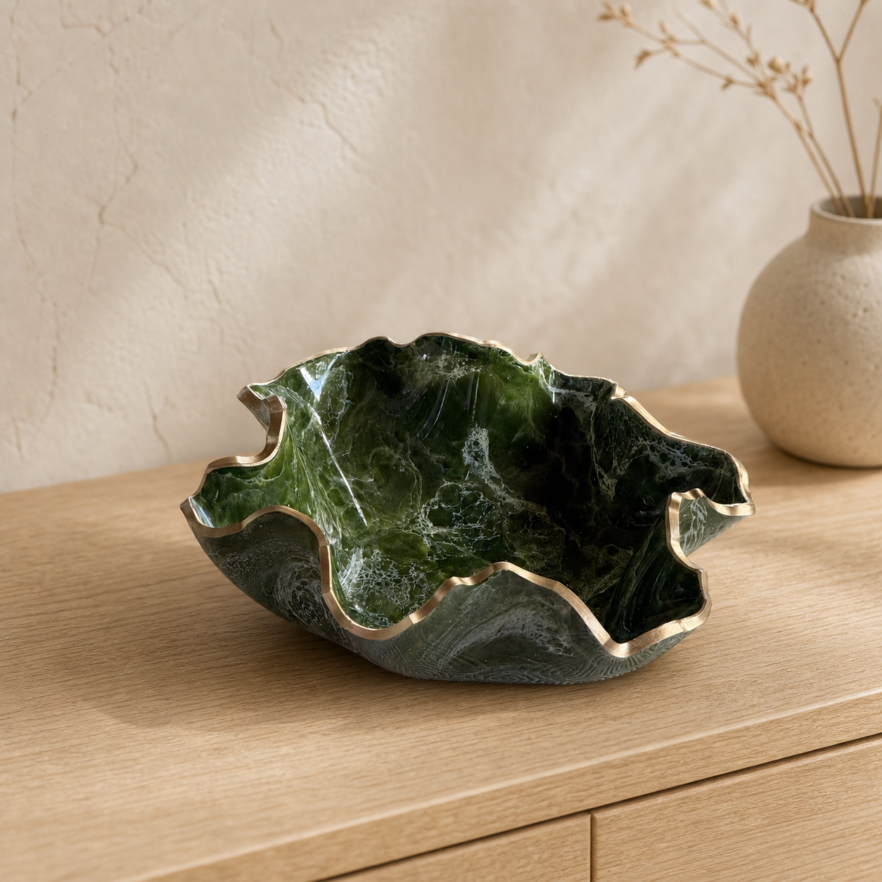 Medium Olive green bowl, 11x3" geode design epoxy resin