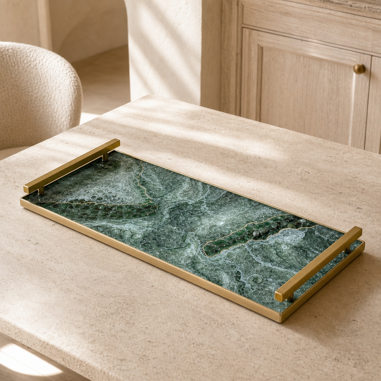 Green large Charcuterie tray 18x9" handmade epoxy resin geode design