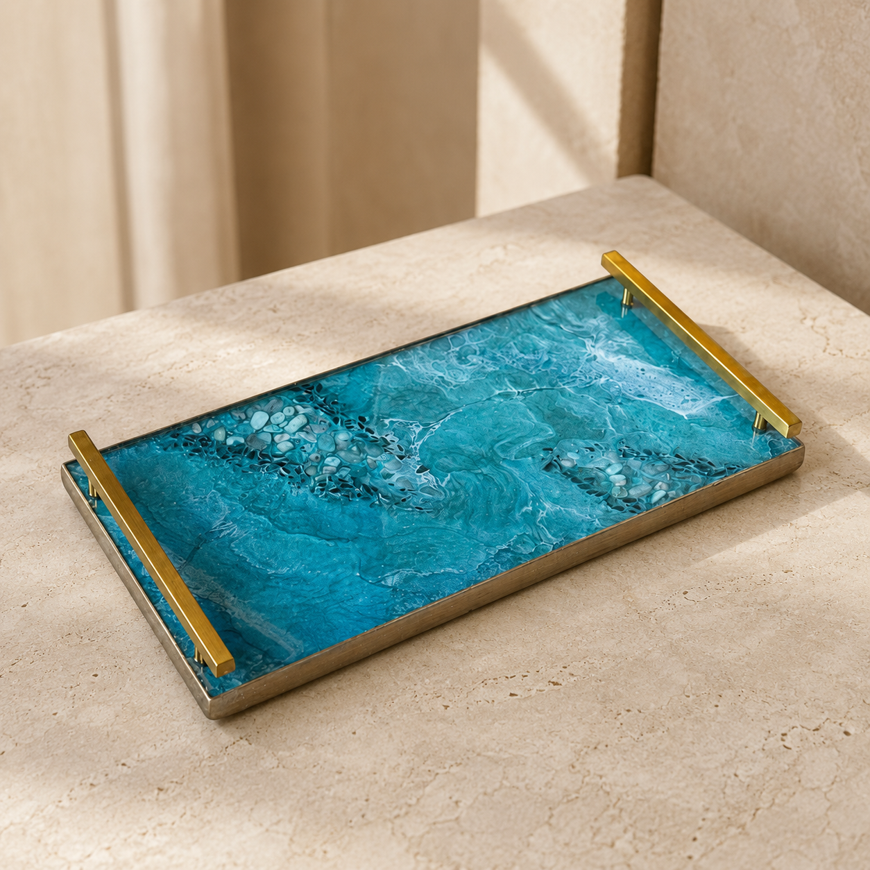 Ocean colors large Charcuterie tray 18x9" handmade epoxy resin geode design