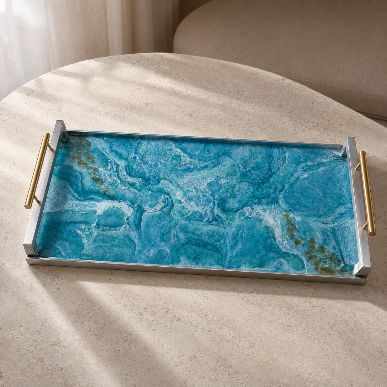 Ocean colors large Charcuterie tray 18x9" handmade epoxy resin geode design