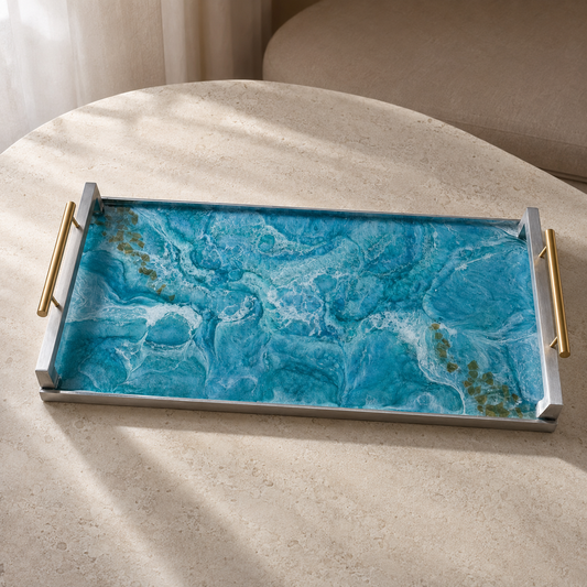 Ocean colors large Charcuterie tray 18x9" handmade epoxy resin geode design
