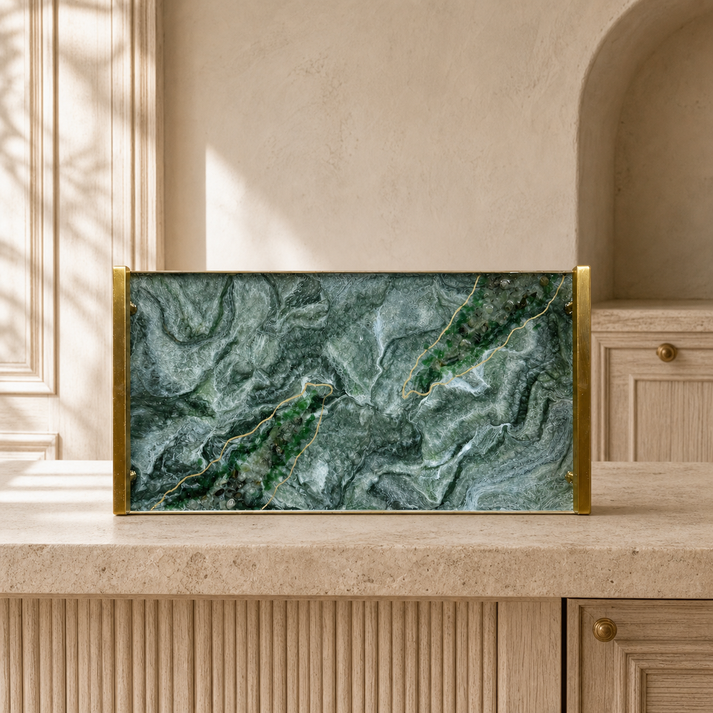 Green large Charcuterie tray 18x9" handmade epoxy resin geode design
