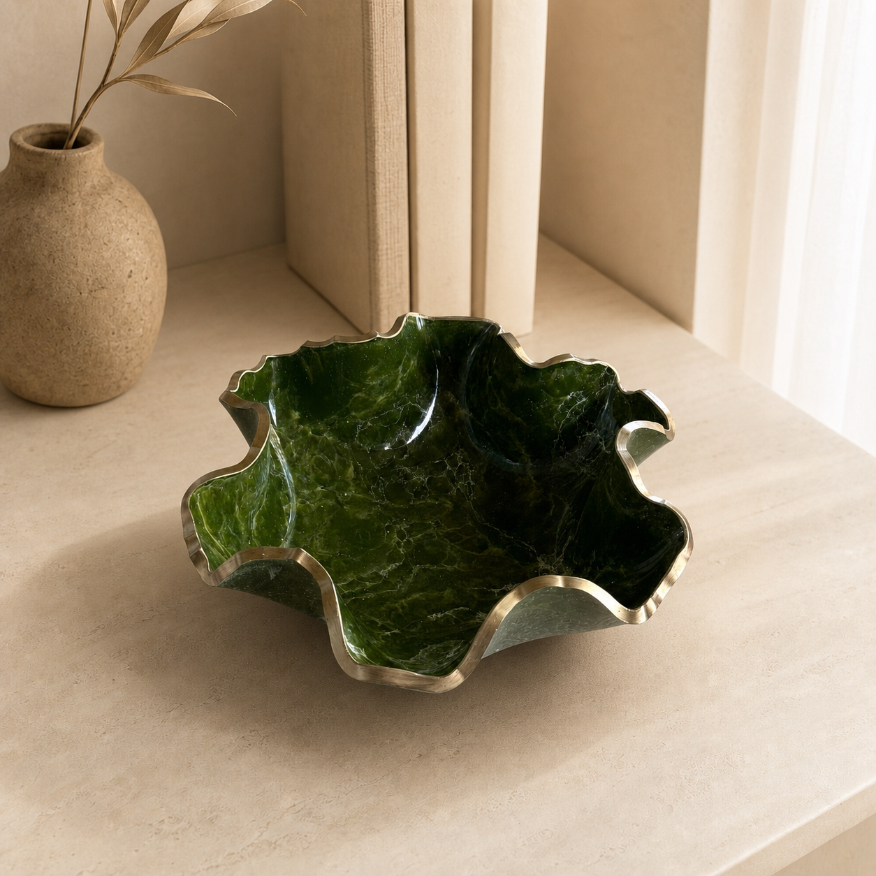 Medium Olive green bowl, 11x3" geode design epoxy resin