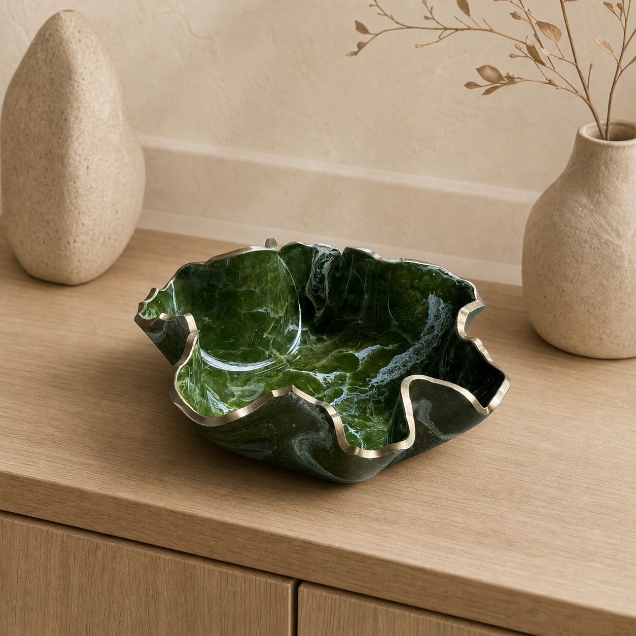 Medium Olive green bowl, 11x3" geode design epoxy resin