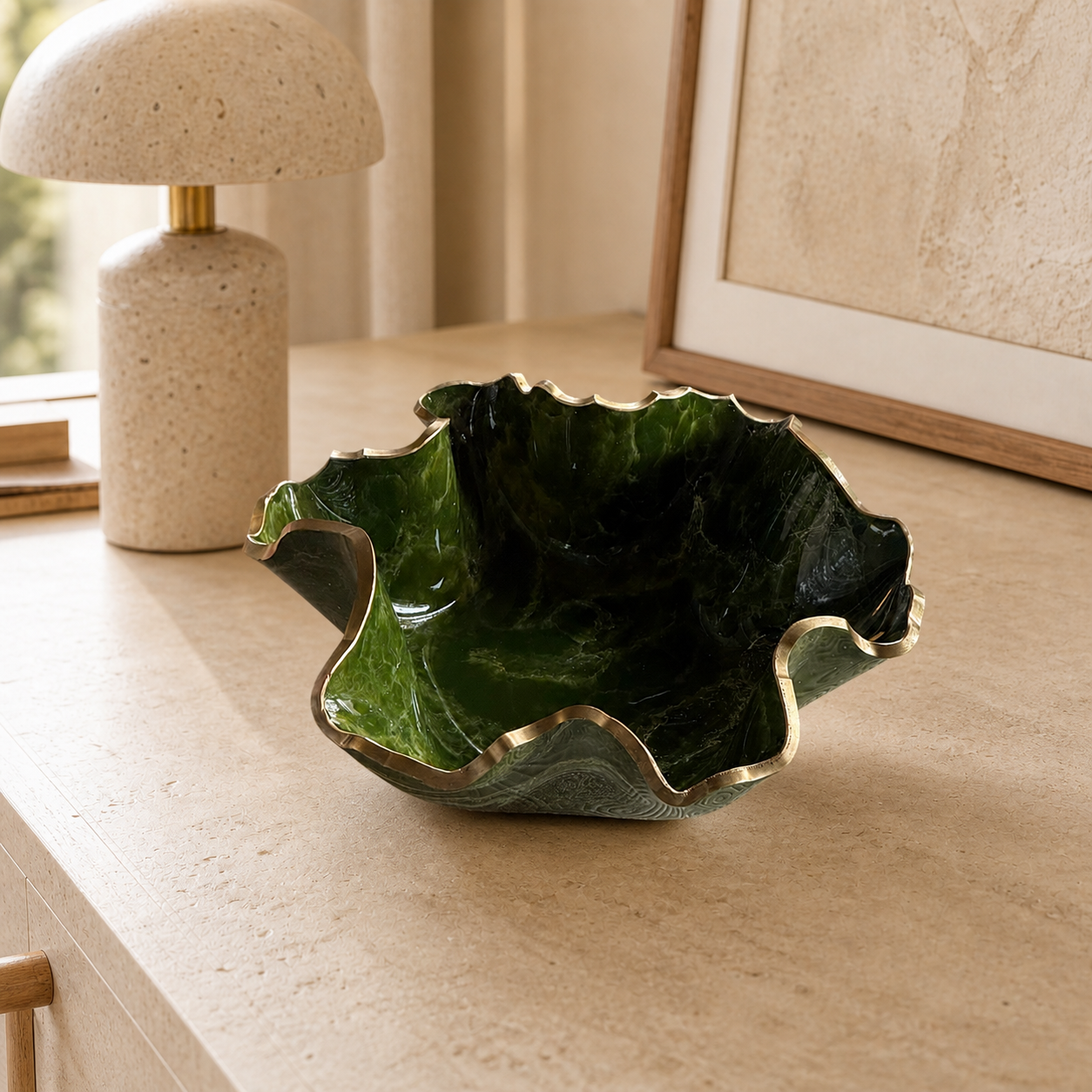 Medium Olive green bowl, 11x3" geode design epoxy resin
