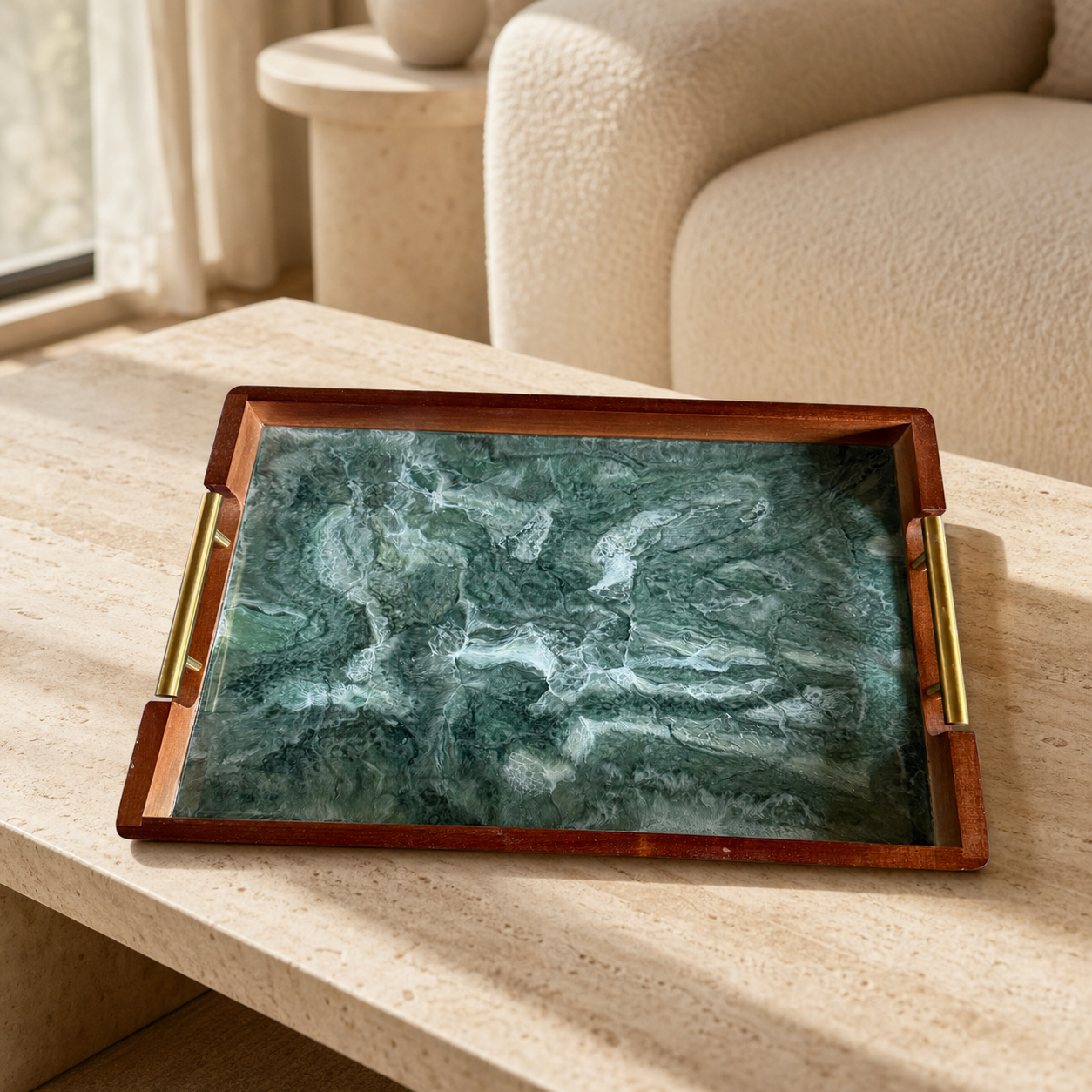 Green acacia wood tray 17x13x2" handmade epoxy resin geode design