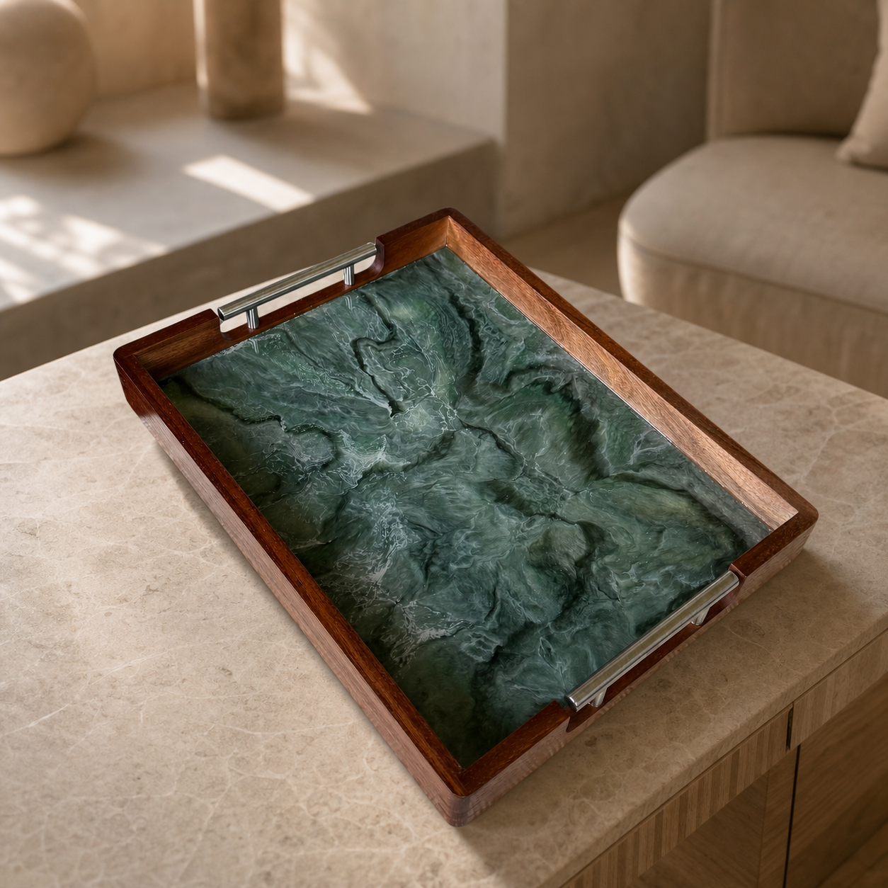 Green acacia wood tray 17x13x2" handmade epoxy resin geode design