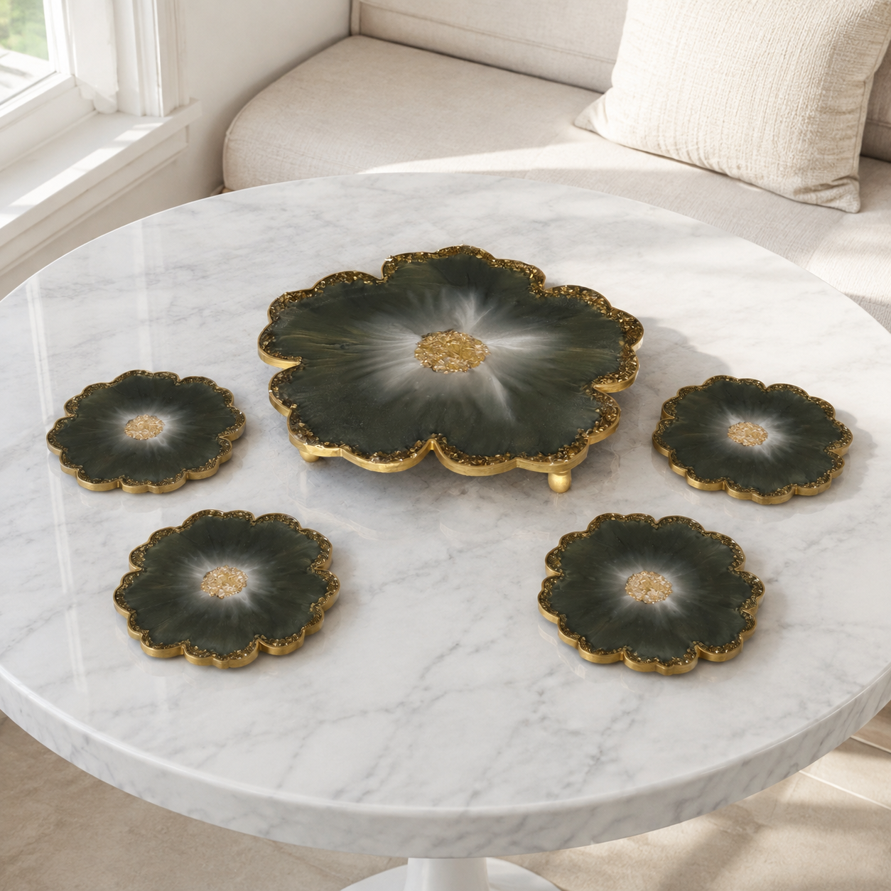 Olive Green Flower tray with matching coasters