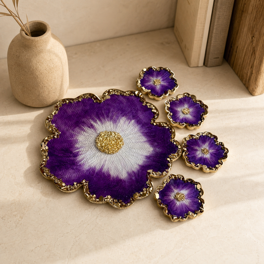 Purple Flower tray with matching coasters