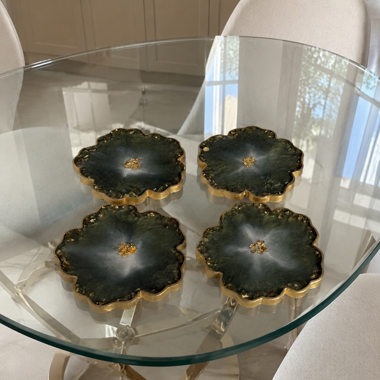 Olive Green Flower tray with matching coasters
