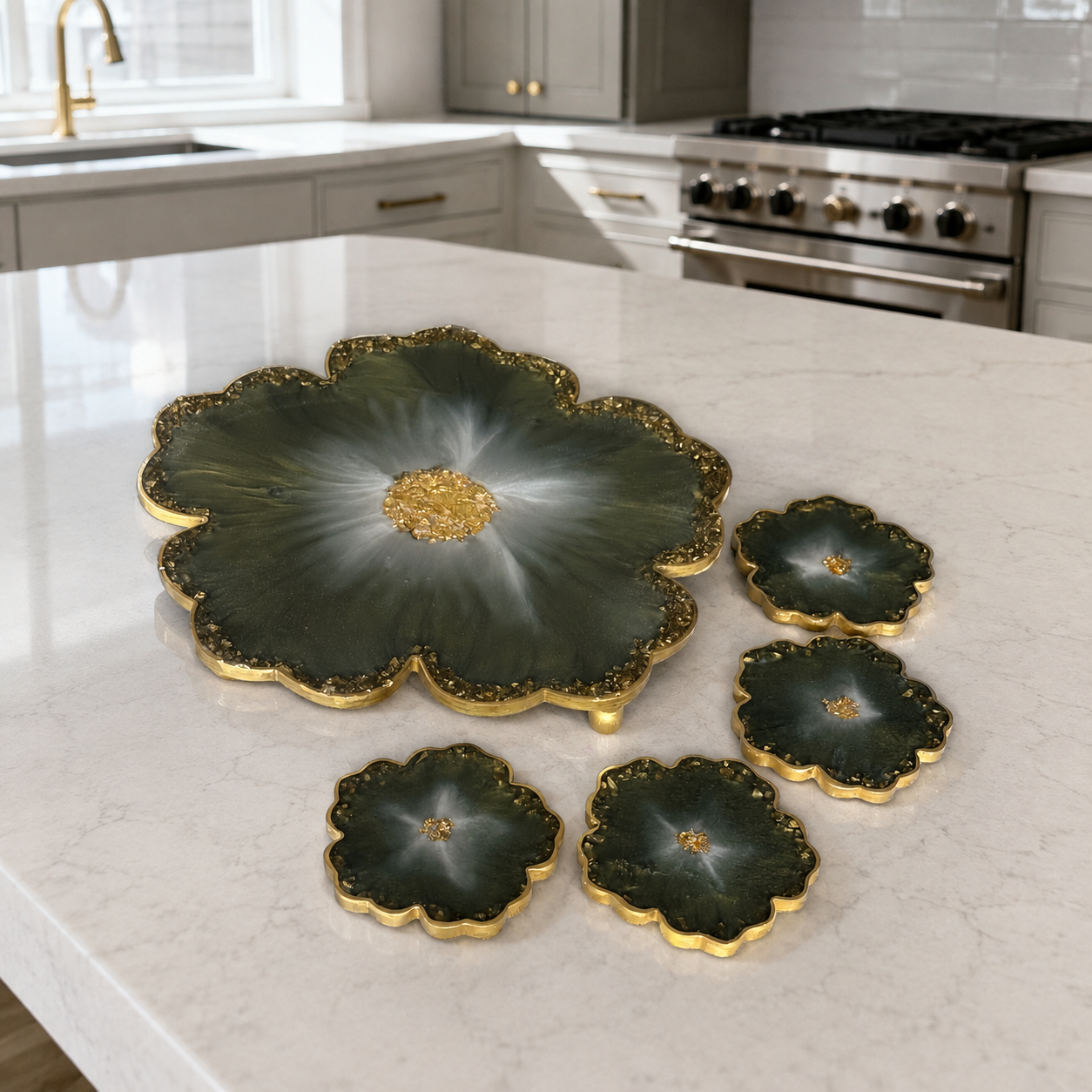 Olive Green Flower tray with matching coasters