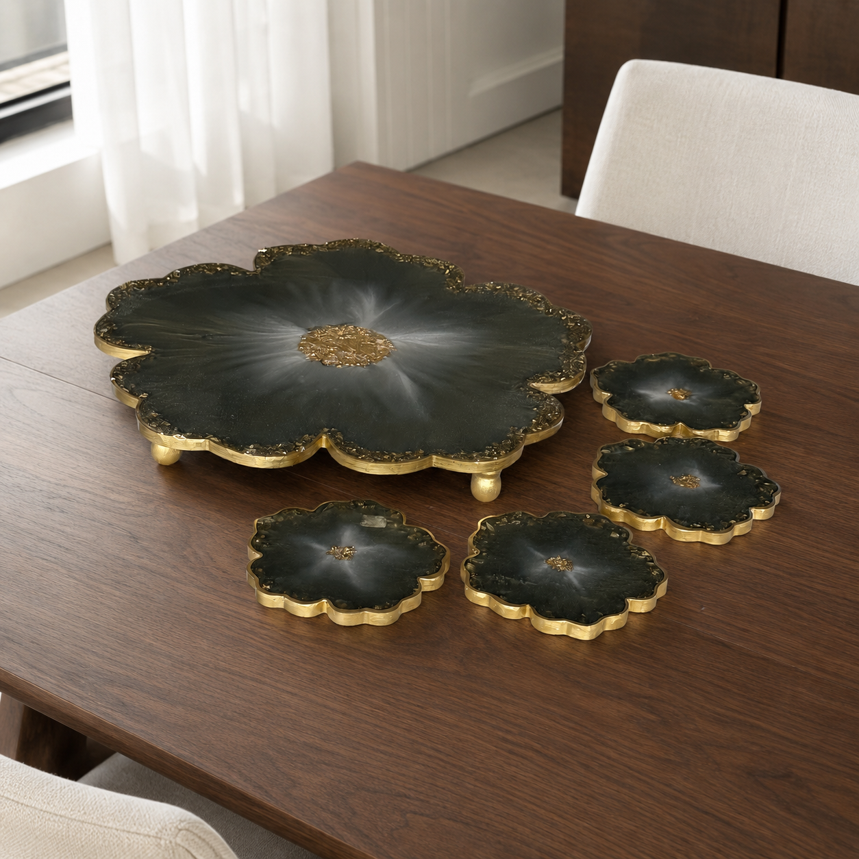 Olive Green Flower tray with matching coasters