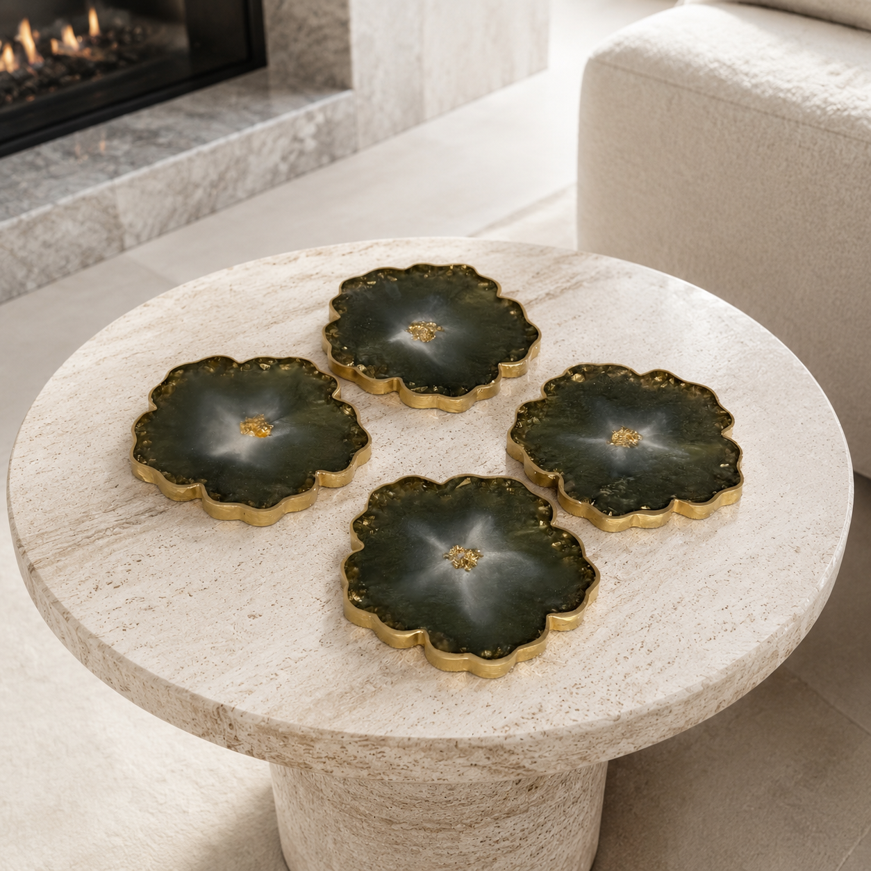 Olive Green Flower tray with matching coasters