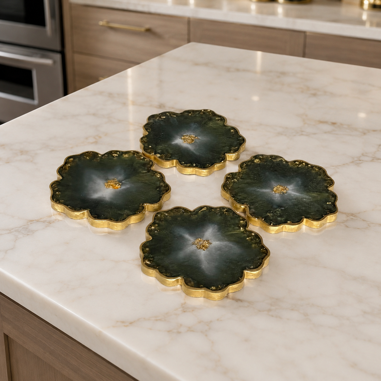 Olive Green Flower tray with matching coasters