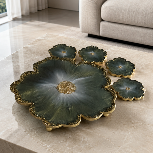 Olive Green Flower tray with matching coasters
