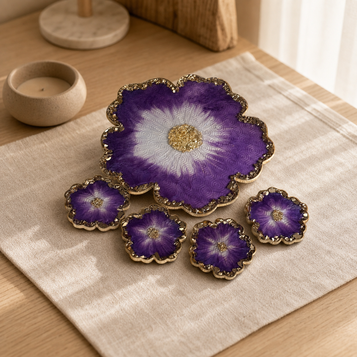 Purple Flower tray with matching coasters