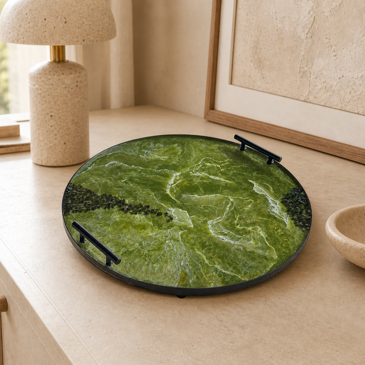 Olive Green Ottoman tray handmade epoxy resin geode design
