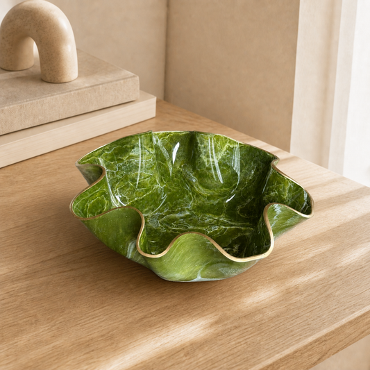 Large Olive Green bowl, 18x3" geode design epoxy resin