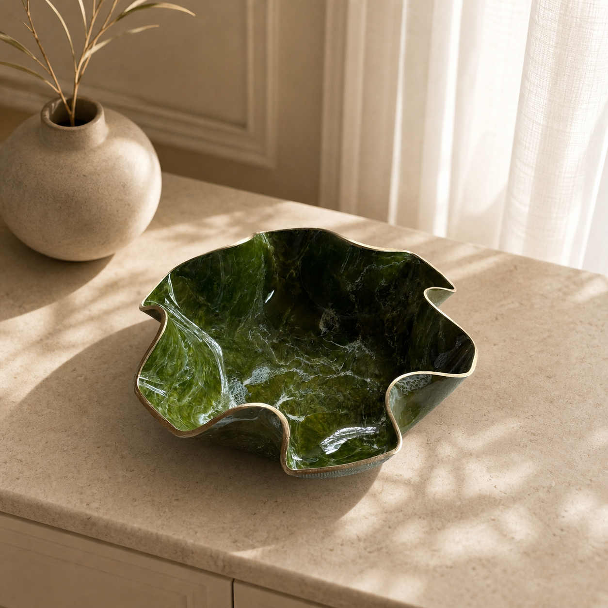 XLarge Olive Green bowl, 18x6" geode design epoxy resin