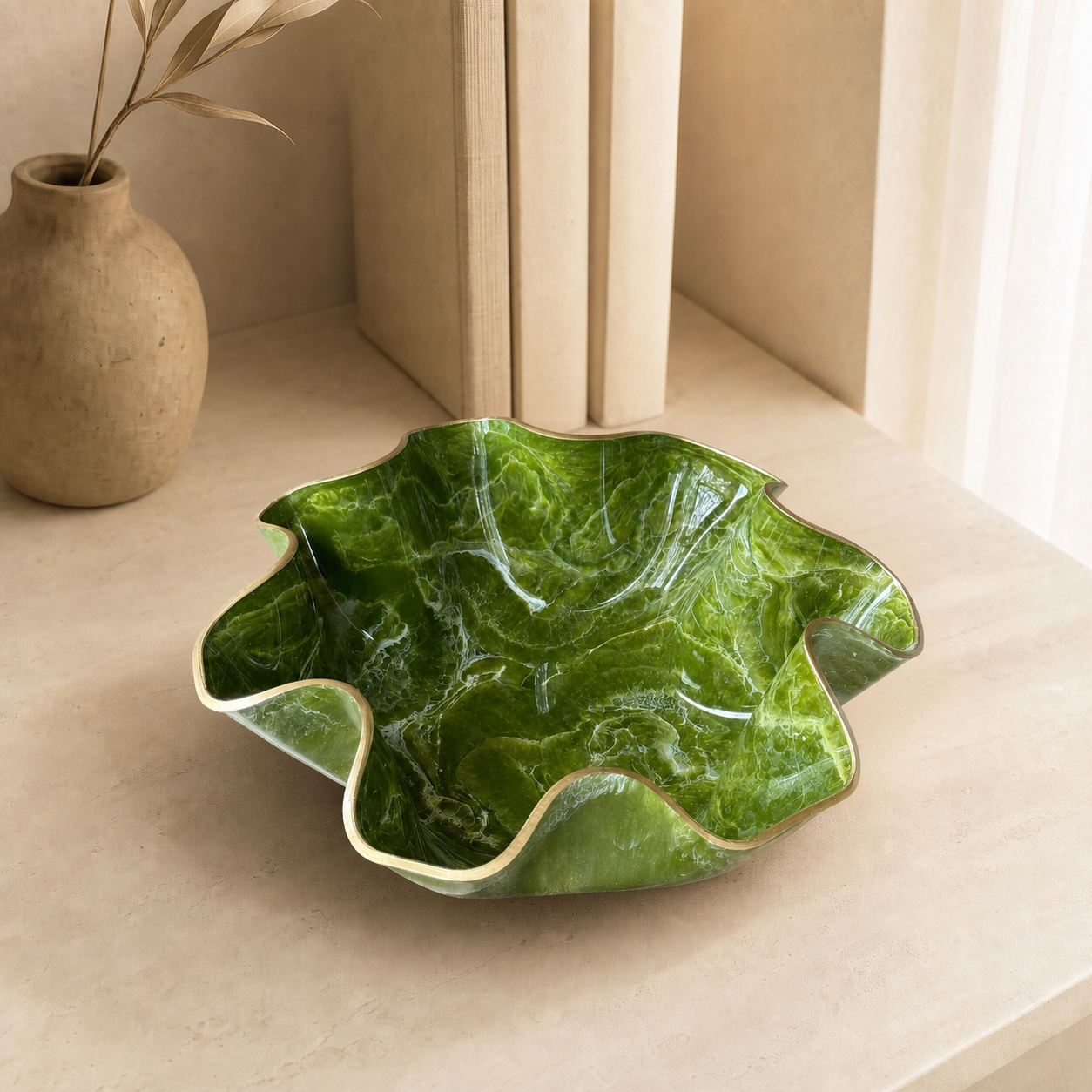 Large Olive Green bowl, 18x3" geode design epoxy resin