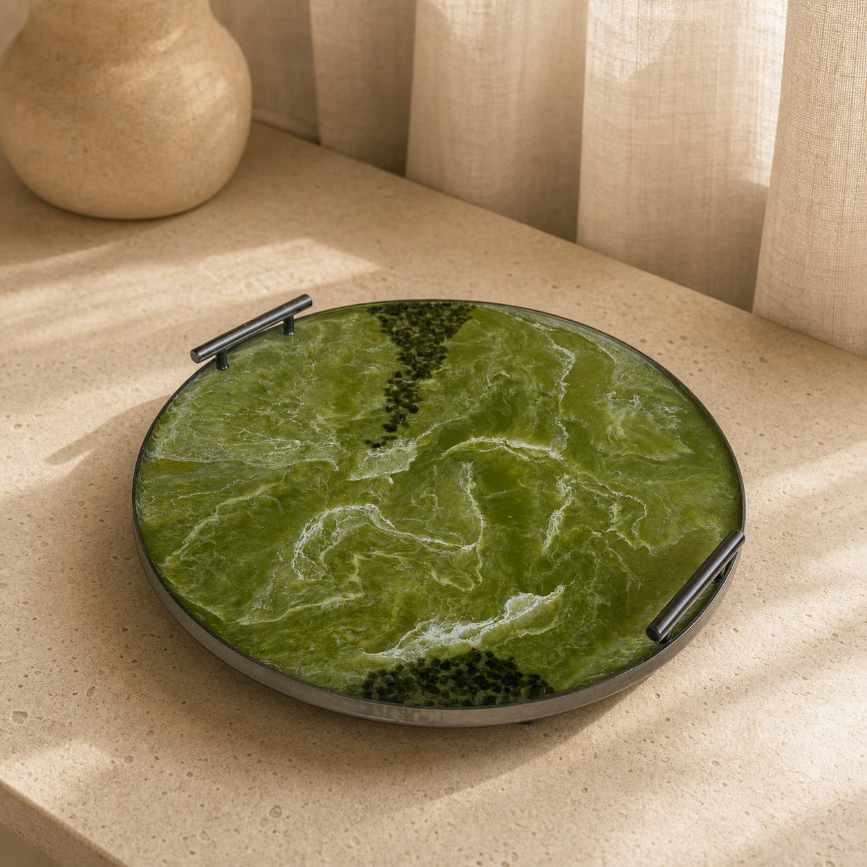 Olive Green Ottoman tray handmade epoxy resin geode design