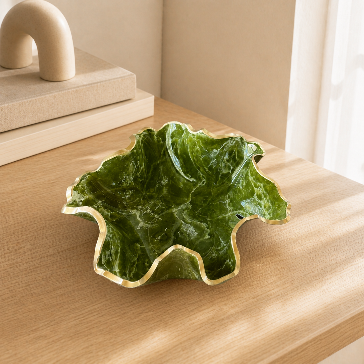 Medium Olive green bowl, 11x3" geode design epoxy resin