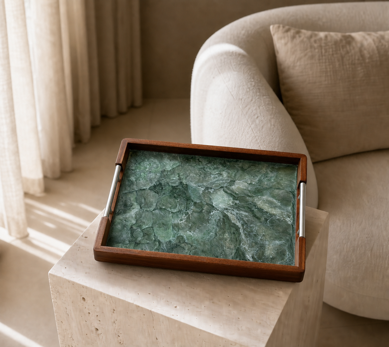 Green acacia wood tray 17x13x2" handmade epoxy resin geode design