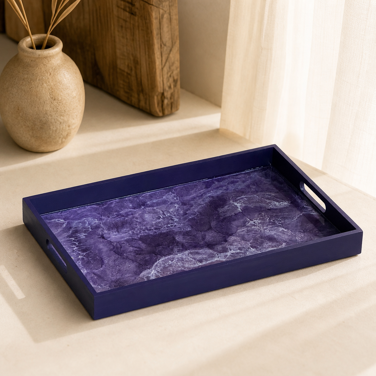 Purple wooden tray handmade epoxy resin geode design, 3 sizes