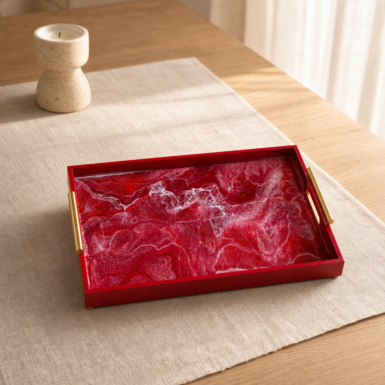 Red wooden tray handmade epoxy resin geode design, 3 sizes