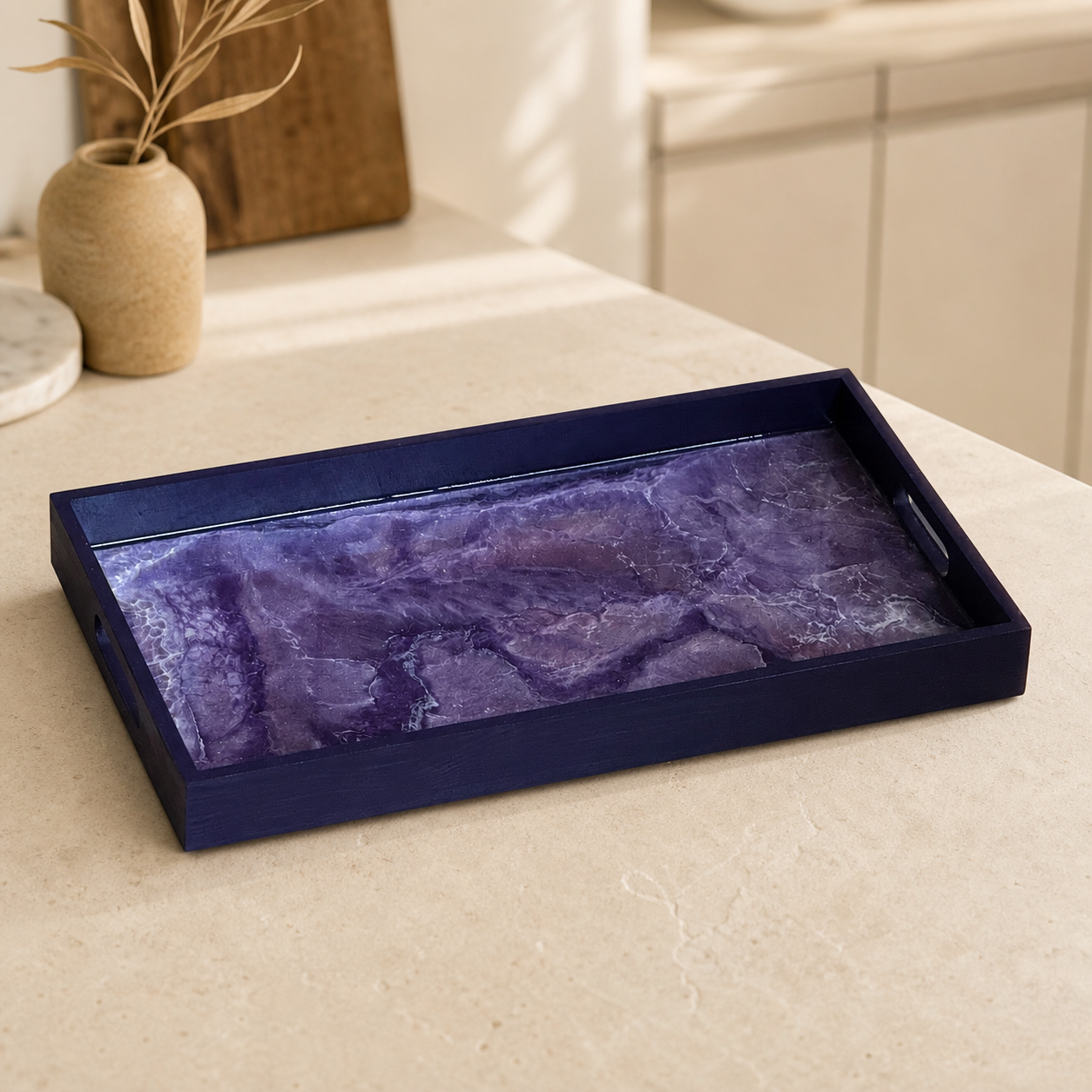 Purple wooden tray handmade epoxy resin geode design, 3 sizes