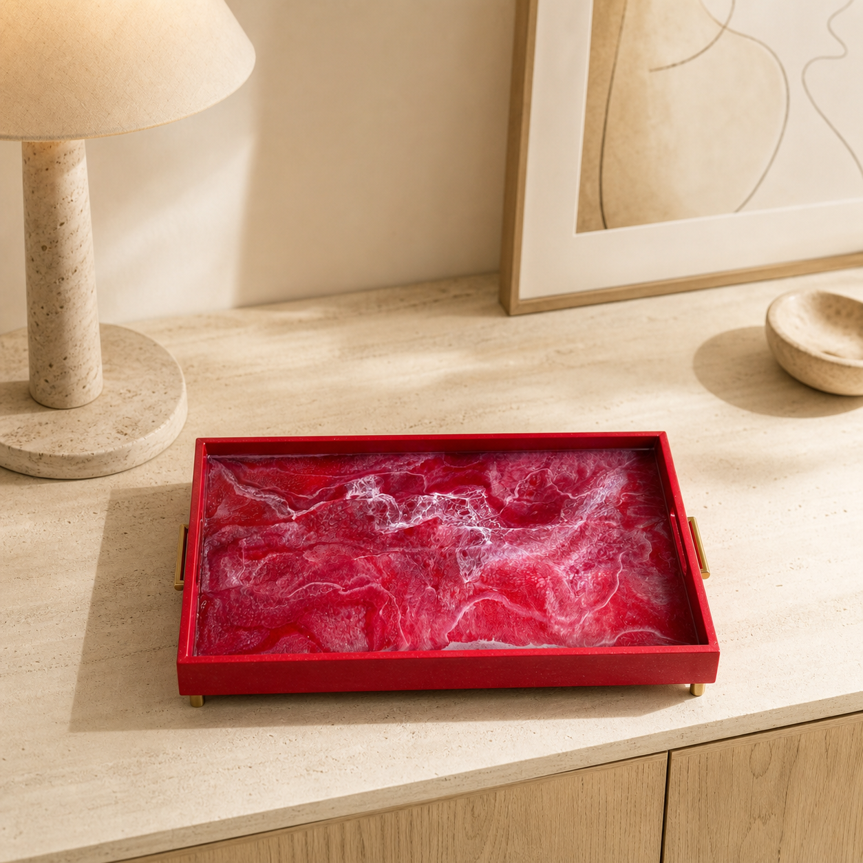 Red wooden tray handmade epoxy resin geode design, 3 sizes