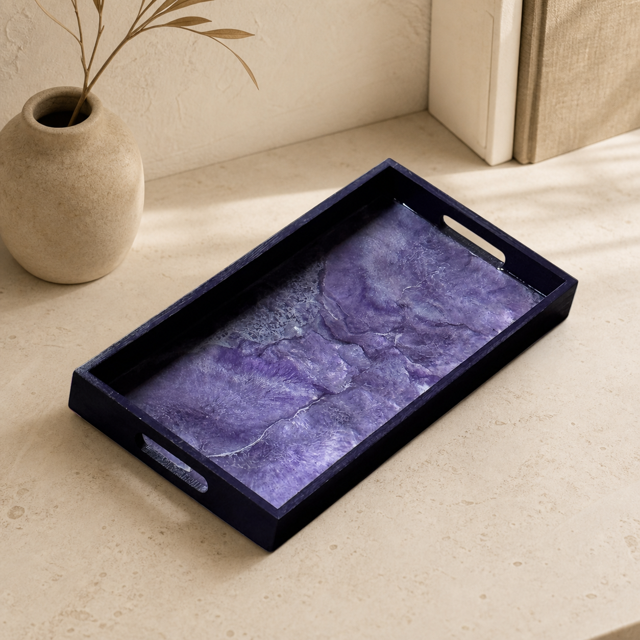 Purple wooden tray handmade epoxy resin geode design, 3 sizes