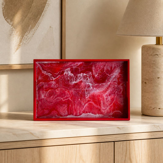 Red wooden tray handmade epoxy resin geode design, 3 sizes