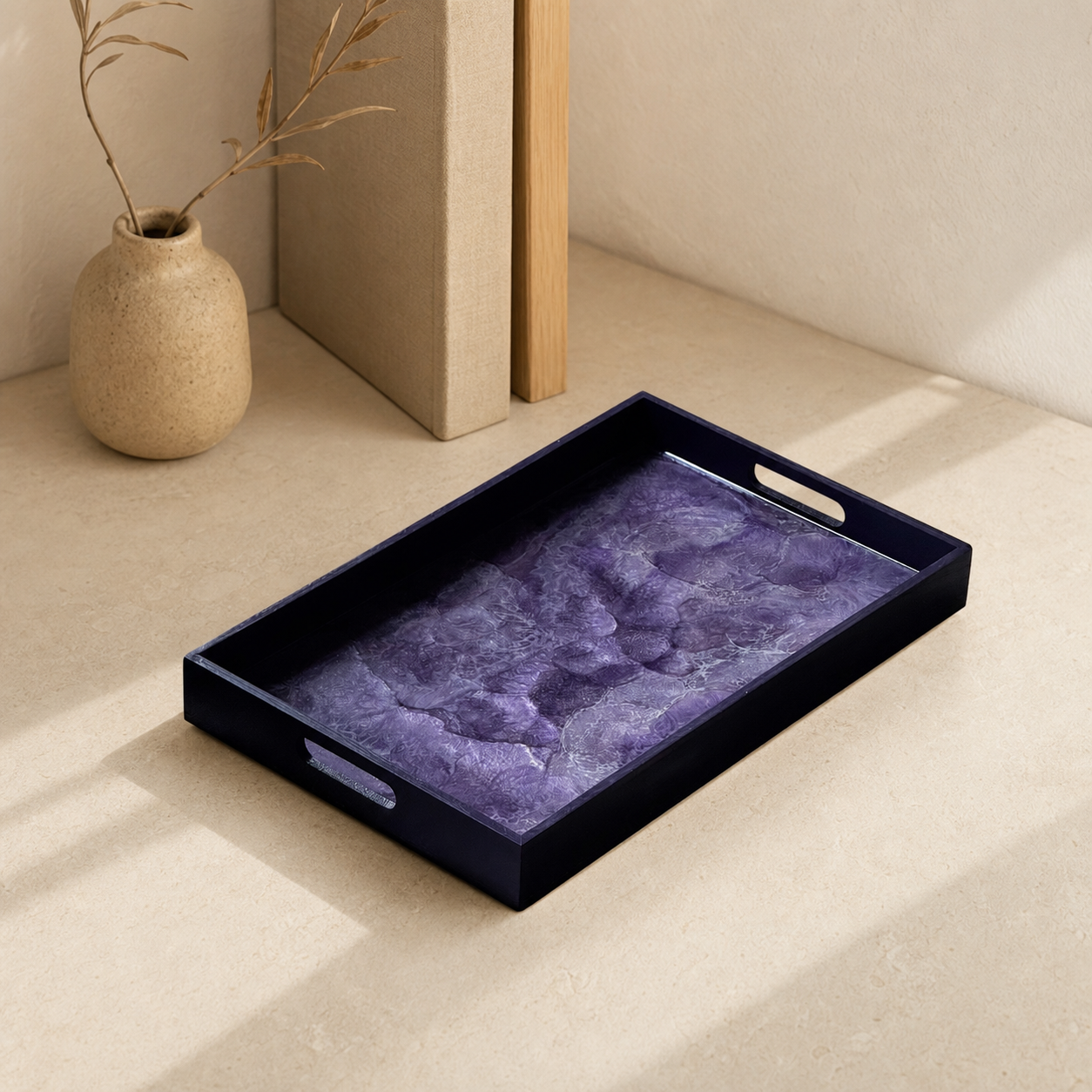 Purple wooden tray handmade epoxy resin geode design, 3 sizes