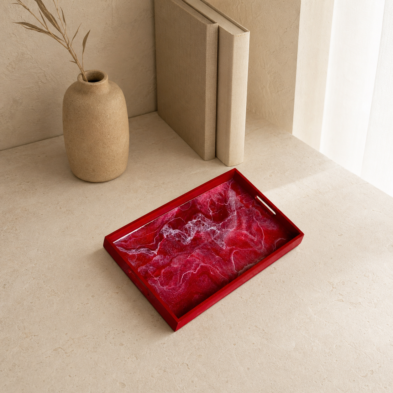 Red wooden tray handmade epoxy resin geode design, 3 sizes