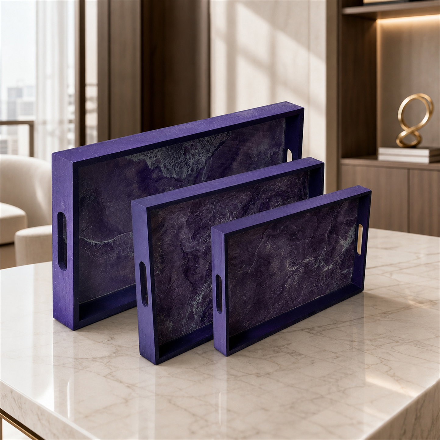 Purple wooden tray handmade epoxy resin geode design, 3 sizes