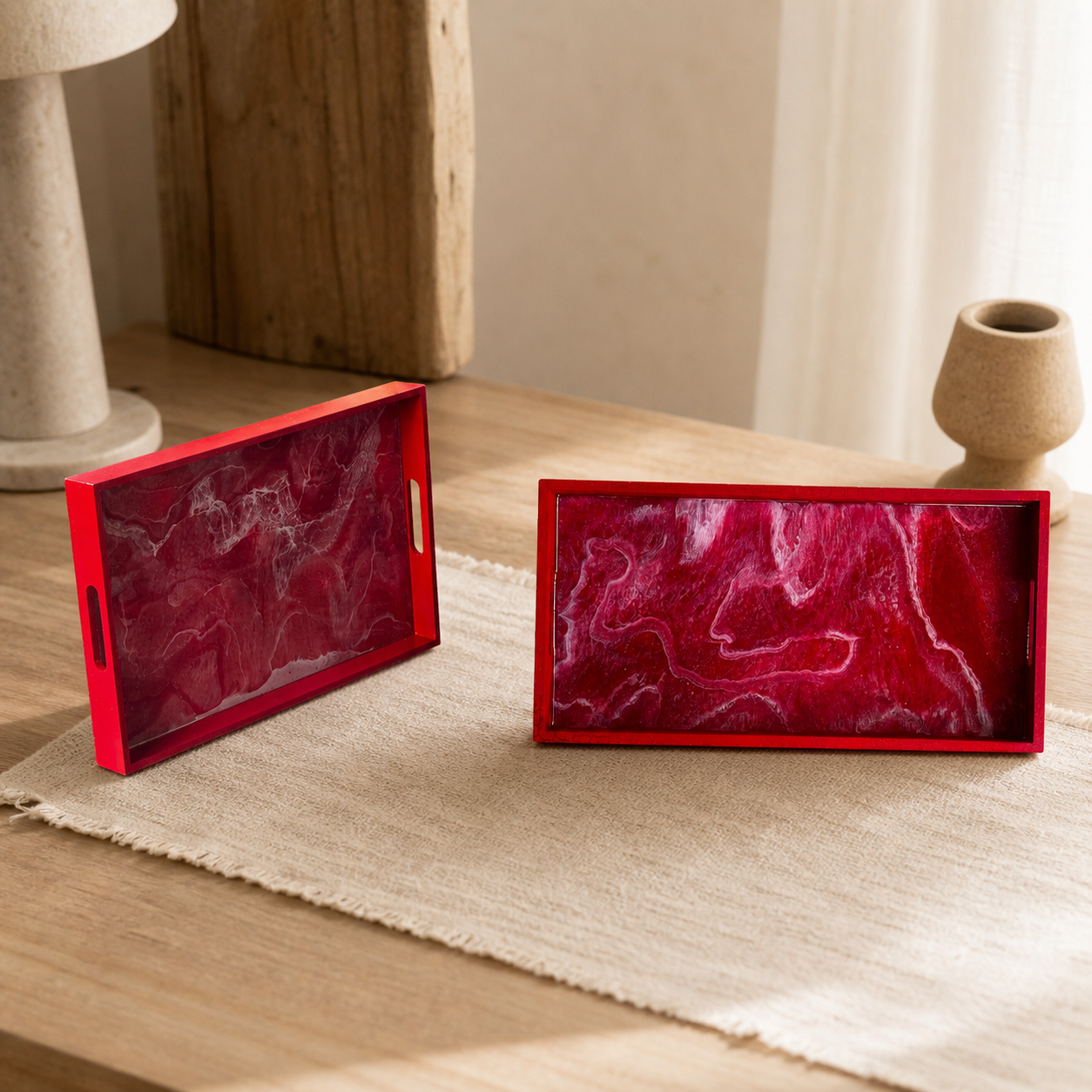 Red wooden tray handmade epoxy resin geode design, 3 sizes