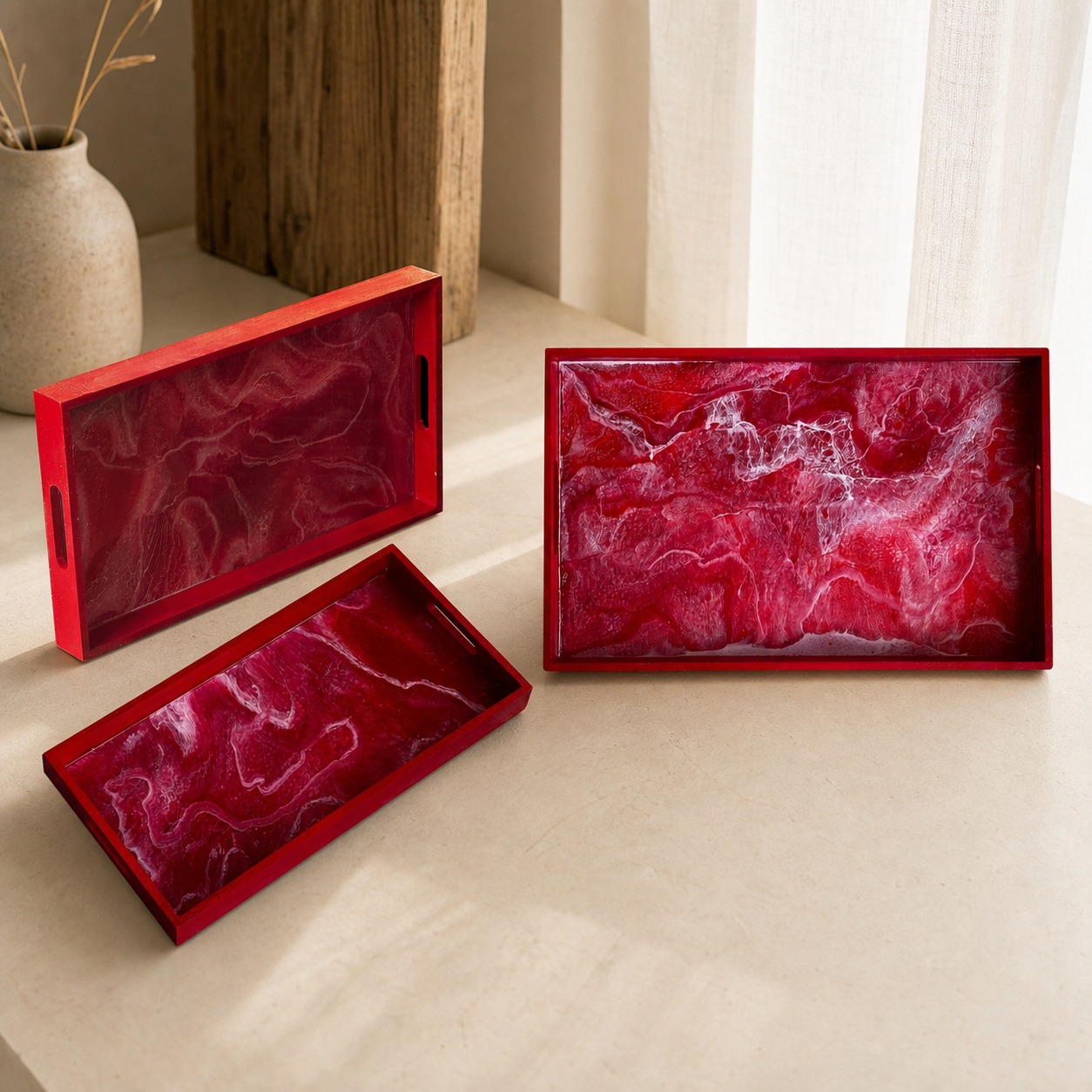 Red wooden tray handmade epoxy resin geode design, 3 sizes